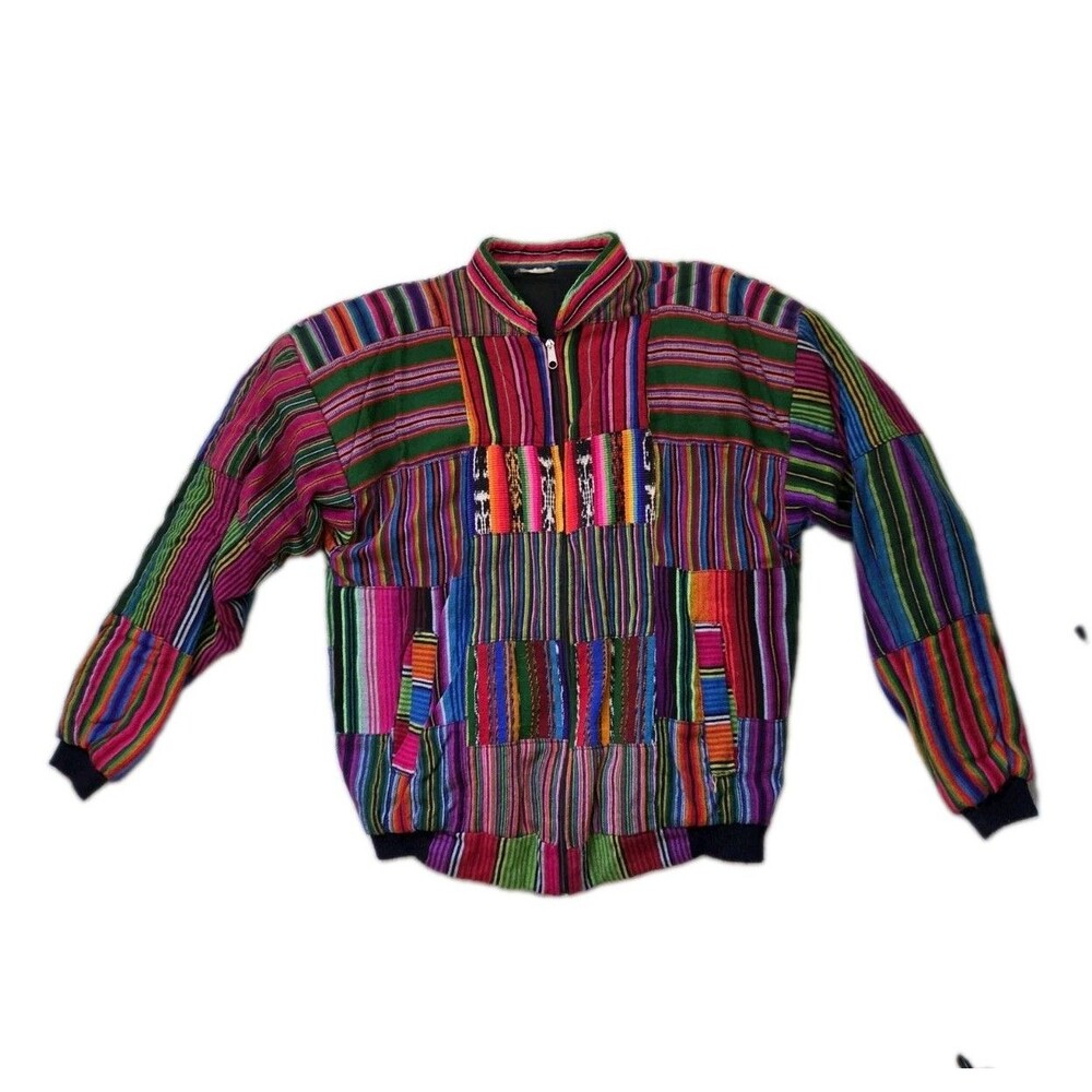Vintage Guatemalan Patchwork Jacket Multicolor Woven Striped Zip Front Sz L GUC